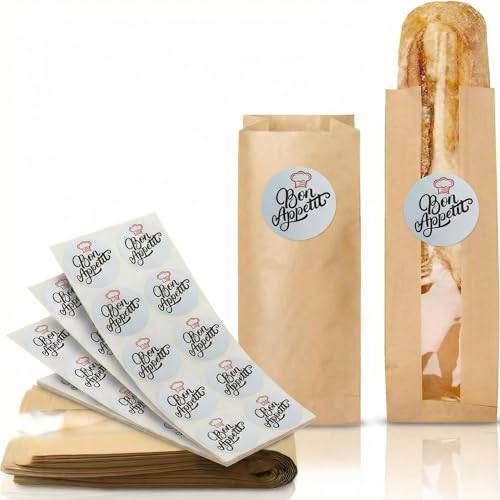 TODOKRAFT Lot de 100 sacs kraft pour sandwich baguette 10 + 4 x 29 cm avec fenêtre et étiquettes adhésives « Bon appétit » de fermeture
