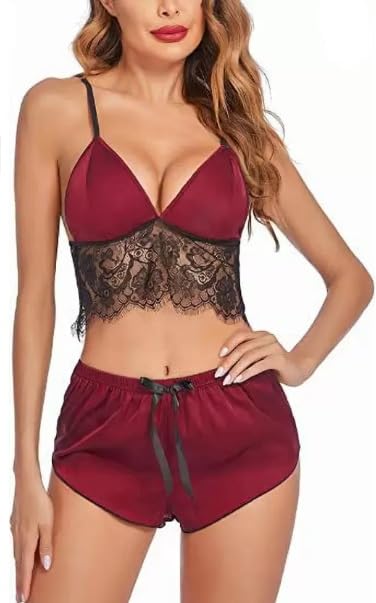Women Satin Lingerie Set with Lace Detail, Teal Green Bralette and Shorts, 2 Piece-Maroon-image-16