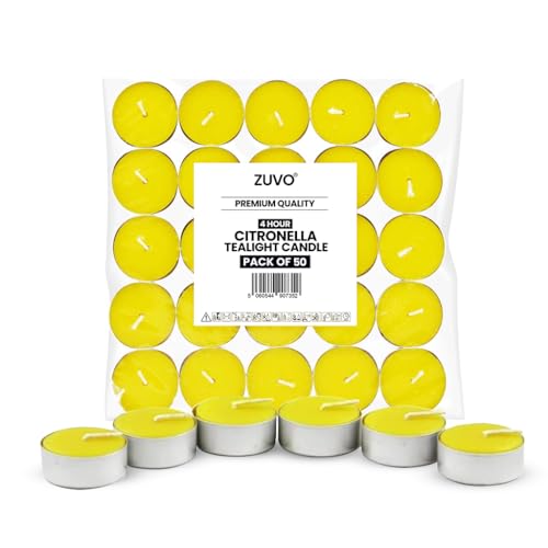 Zuvo Citronella Tealights Pack of 50 4-Hour Burn | Insect-Repellent Scented Tea Lights for Indoor & Outdoor Use | Anti-Mosquito Candles for Garden Patio & Home