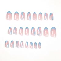 Vista 4 de RikView uñas postizas de punta francesa de longitud media, uñas azules falsas con diseño de remolinos, uñas acrílicas en forma de almendra