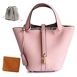 Genuine Leather Lock Design Bucket Bag Vegetable Basket, Fashionable and Versatile Satchel Handbag (Pink)