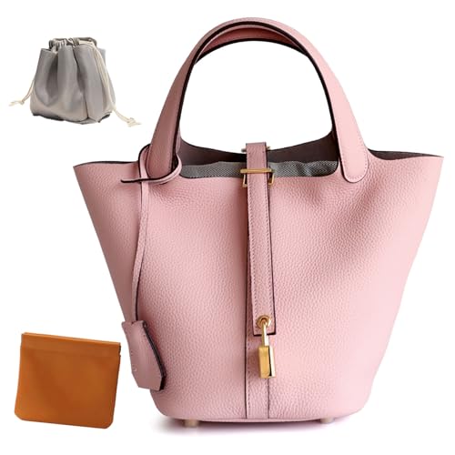 Genuine Leather Lock Design Bucket Bag Vegetable Basket, Fashionable and Versatile Satchel Handbag (Pink)