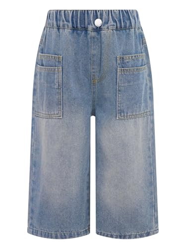 TiaoBug Kids Girls Casual Loose Fit Wide Leg Denim Cropped Pants Denim Capri Trousers Jeans Bottoms with Pockets3