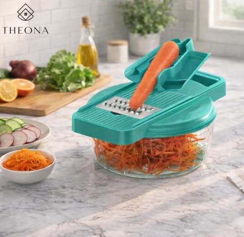 Image of THEONA 2 in 1 Vegetable Chopper with Grater, Slicer & Peeler | Manual Rotary Food Chopper with Container | Stainless Steel Blades for Onion, Carrot & Salad