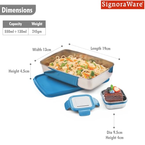 Image of SignoraWare Munch Mate Stainless Steel Lunch Box | Airtight & Leakproof | Durable & Compact | Easy to Carry | Ideal Tiffin for Office, School & Travel (550ml + 130ml | TBlue)
