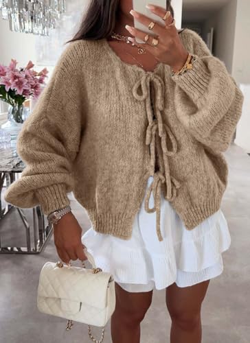 Image of chouyatou Women's Cute Bow Knot Cardigan Fall Casual Oversized Ribbed Knit Sweater Cardigan Tops