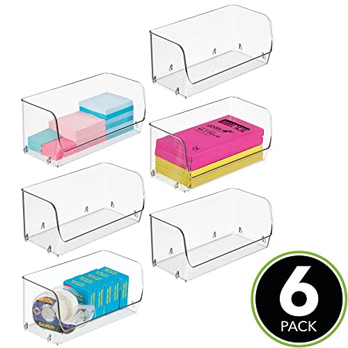Mdesign Small Plastic Stackable Office Storage Organizer With Open Front - Perfect Drawer And Desk Bin - Pen, Marker, Pencil, Paper, And Stationary Holder - 7" Wide - Ligne Collection - 6 Pack - Clear #TOP1