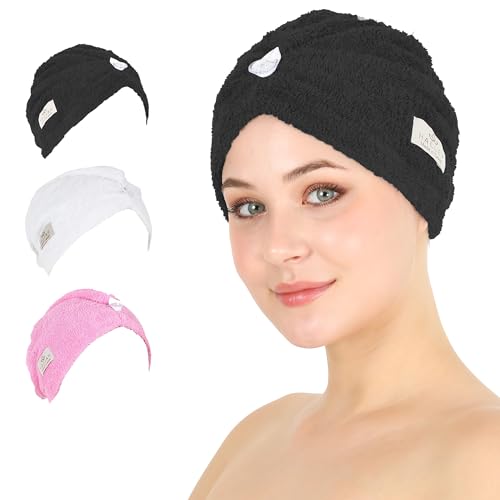 HALLEY Cotton Hair Towel Wrap (3 Packs) Super Absorbent Fast Drying Hair Towel for Thick Hair Turbans for Wet Hair with Button (Black, White, Pink)