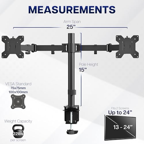Image of VIVO Dual Monitor Desk Mount, Heavy Duty Fully Adjustable Steel Stand, Holds 2 Computer Screens up to 24 inches and Max 22lbs Each, Black, STAND-V024