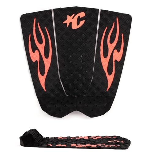 Creatures of Leisure Griffin Colapinto Signature Traction Pad – 3 Piece, 7mm Teardrop Wide Arch Bar, 3M Adhesive – Premium Surfing Gear – Black Fluro Red Flames