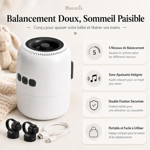 Baby Rocker, Bercement Poussette avec 5 Niveaux de Balancement et 10 Sons Apaisants, Accessoire Poussette Rechargeable USB-C, Support Double Réglable pour Maison Voyage Promenade – vue 3