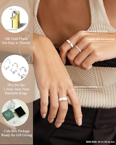 ZHESHY Stackable Silver Gold Rings for Women Non Tarnish 14K Gold Plated Cigar Plain Band Rings Set Dainty Stacking Thumb Rings Wedding Bands Size 6-10 — view 3