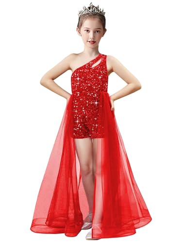 MYDRESS One Shoulder Tulle Prom Dress for Girls 2024 Sequin Bodycon Ball Gown High Low Toddler Pageant Dress