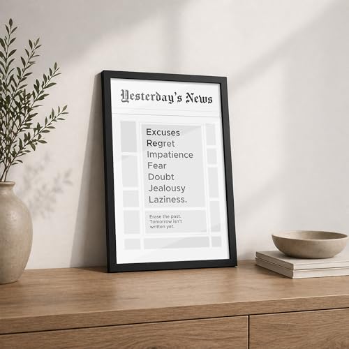 Image of CodersParadise Framed Wall Poster (12x18 Inch) | Inspirational Quote Wall Art | Minimalist Motivational Home Decor for Living Room & Office | Ready-to-Hang Display Frame (Yesterday News)