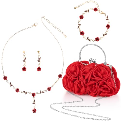Image of Hicarer 5 Pcs Women Rose Clutch Purse Rose Jewelry Accessories Set