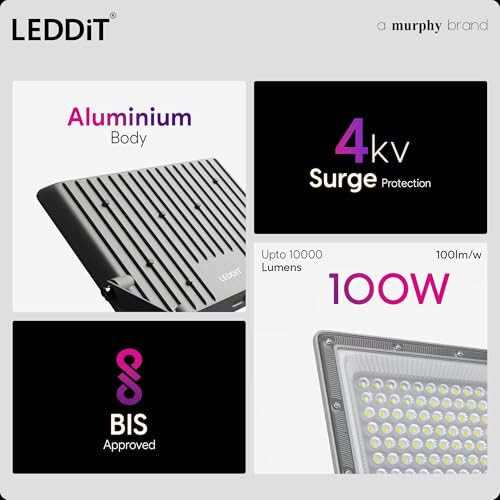 Image of Aster 100W LED Flood Light with 2-Year Warranty | IP66 Waterproof Outdoor Light for Garage, Garden, Shop, Parking | Cool White | BIS Approved | Pack of 1