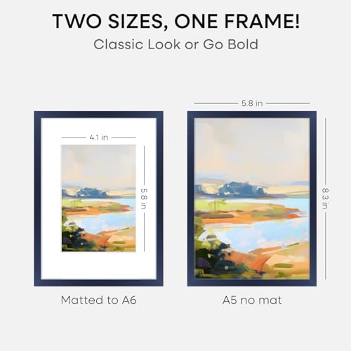 Image of Homeforia A5 Navy Blue Frame, High End Metal 5.8 x 8.3 Picture Frames Matted to 4.1 by 5.8 inch Art, A5 Display Photo Frame with Mat A6, 5.8x8.3 Blue Poster Frames, Tempered Glass, Wall Kit, Set of 1