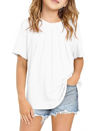 Image of Haloumoning Girls Pleated Oversized T Shirts Kids Summer Short Sleeve Crewneck Casual Tops Tees 5-14 Years