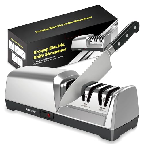 Krcqap Electric Knife Sharpener for Kitchen Knives, Professional 3-Stages with 100% Diamond Abrasive, 15-Degree EdgeSelect Angle & Fast Sharpening, Repair, Restore, Polish