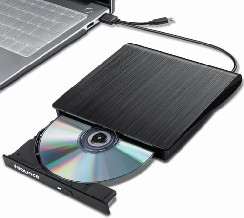 Image of Sounce External DVD Drive USB 3.0 & Type-C CD Burner, Slim Portable Optical Drive CD /DVD ROM + /-RW Rewriter Compatible with Laptop, PC, MacBook, Desktop, Notebook, Windows, Linux Mac OS - Black