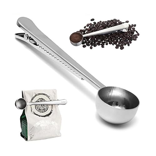 Foyscr 18 cm kaffeskopa med påsklämma, multifunktionell kaffeskopa för att mäta malt kaffe och kaffebönor, rostfritt stål köksverktyg (silver)
