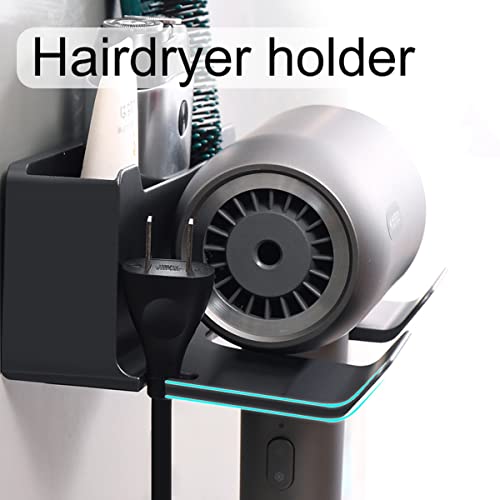 HMAKGG Föhnhalter Wand Ohne Bohren Schwarz, Föhn Halterung mit Steckerhalter & Aufbewahrung, Selbstklebend Fönhalter aus ABS für Bad Barbershop Hotel