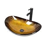 PULUOMIS Tempered Glass Vessel Bathroom Vanity Sink, Modern Artistic Oval Washing Bowl, Oil Rubbed Bronze Faucet & Pop-Up Drain Combo
