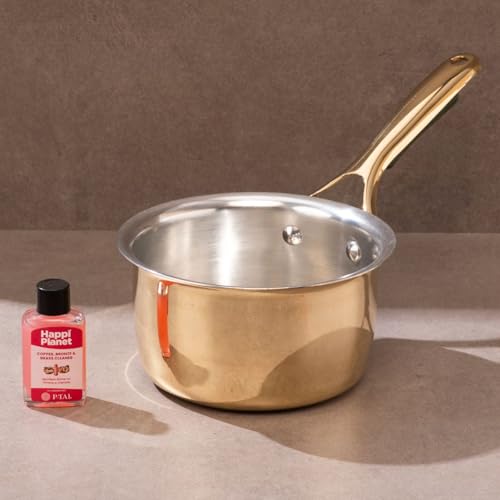 P-TAL Brass Saucepan 1.8L with Insulated Heat-Resistant Handle | 100% Pure Brass Tin Coated Tea Pan | Chemical-Free and Non-Stick (Free 30ml Copper & Brass Cleaning Solution)