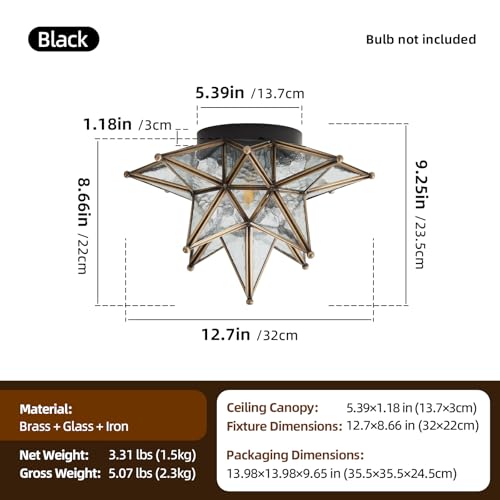 Image of Moravian Star Ceiling Light - 12.7 inch Brass & Hammered Clear Glass, Black