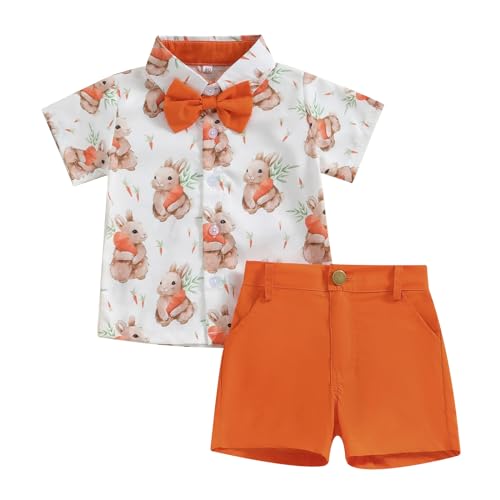 Image of Owl's-Yard Baby Boy Easter Outfits Rabbit Carrot Short Sleeve Button Down Shirts and Solid Color Shorts 2 Pcs Summer Set