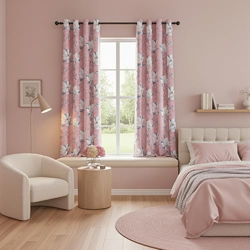 Image of MYSKY HOME 95% Floral Blackout Curtains 63 Inch Length for Girls Bedroom Nursery 2 Panels Set Black Out Thermal Insulated Privacy Protect White Flower Patterned Grommet Drapes, 52 inch Wide, Pink