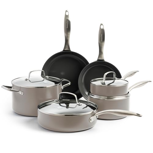 Image of GreenPan Canterbury 10 Piece Cookware Pot and Pans Set, Hard Anodized PFAS-Free Healthy Ceramic Nonstick, Stainless Steel Handles, Versatile Cooking Essentials, Dishwasher & Oven Safe, Clay