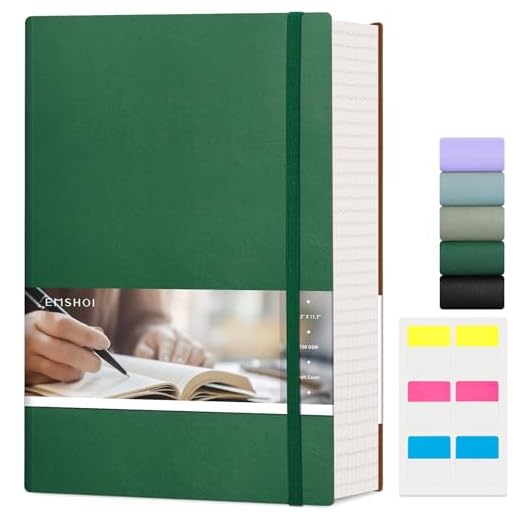 EMSHOI Taccuino formato A4, a righe, 400 pagine, 100 g/m², a righe spesse, in pelle vegana, copertina morbida, per donne, uomini, lavoro, scuola, ufficio, scrittura (21,5 x 27,9 cm, verde scuro)