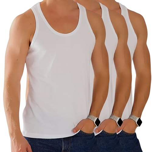 ShopMCR Pack of 3 Men's Athletic Tank Tops - Cotton Sleeveless Vests for Workout, Gym, and Everyday Use, Slim Fit, S to 4XL (3PK, S, White)