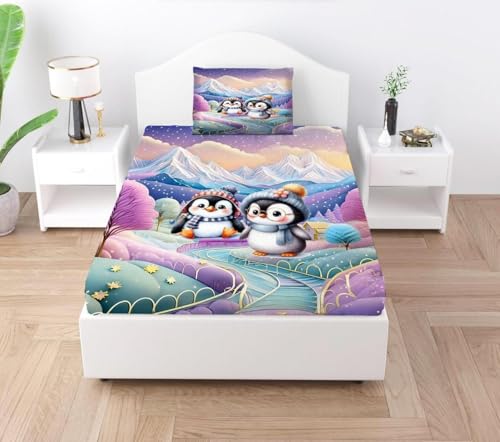 Image of Digital Printed Heavy Quality Glace Cotton 7D Bedsheet for Single Bed, 60 inch x 90 inch Flat Bedsheet with 1 Matching Pillow Cover for Kids, 300 TC (Baby Penguin)