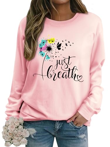 Image of Dresswel Women Dandelion Print Sweatshirt Crew Neck Long Sleeve Tops Basic Jumper Tunic Blouse Shirts