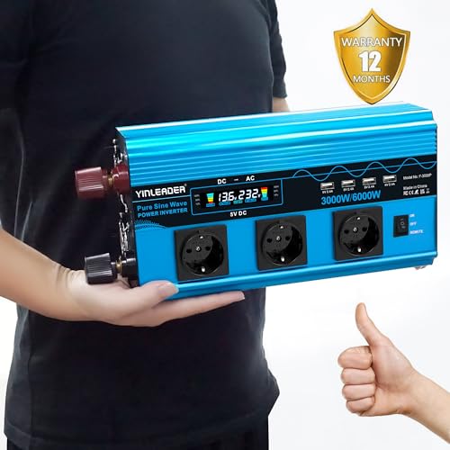 Wechselrichter 3000W /6000W Spannungswandler Reiner Sinus 12V 230V mit 3 Europäische Steckdose und 4 USB-Anschlüsse LCD Spannungsanzeige