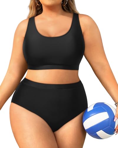 Daci Plus Size Two Piece High Waisted Bikini Set Sport Scoop Neck Swimsuit Full Coverage Bathing Suit, Black, 20 Plus