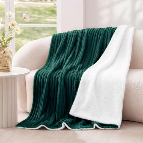 Aisbo Dicke Cord Sherpa Decke Dunkelgrün - Warme Kuscheldecke Flauschig 130x150 cm Winter Plüsch Kuscheldecken als Sofadecke Couchdecke… – Ansicht 2