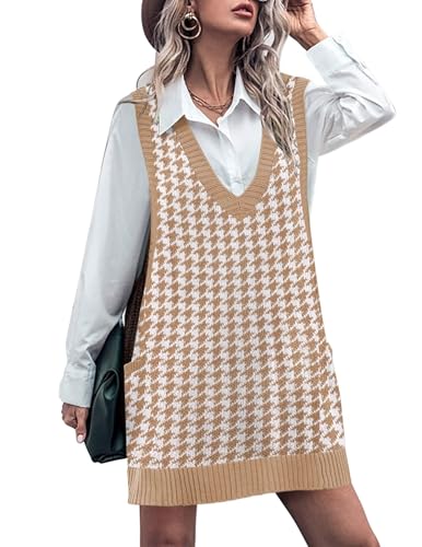 Image of HOTOUCH Women Sweater Vest Oversized V Neck Sleeveless Knit Pullover Ribbed Vest Dress with Pockets