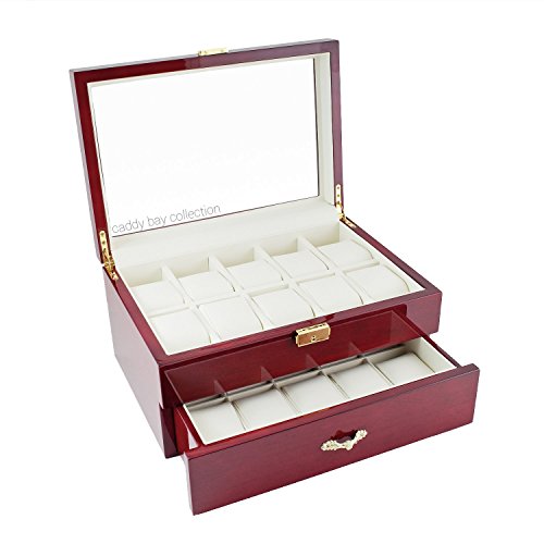 Caddy Bay Collection Rosewood Finish Watch Case Display Storage Watch Box Chest with Glass Clear Viewing Top Holds 20 Watches