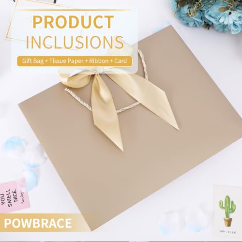 Image of Powbrace 13 inch Medium Beige Gift Bag Set with Handle - 2 Bags Featuring Bows, 4 Tissues, and 2 Greeting Cards for Wedding, Baby Shower, Father's Day, Mother's Day, Birthday Party