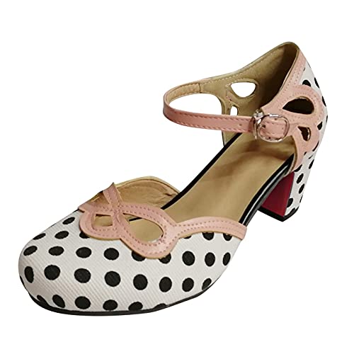 Hbeylia Women's Pump Ballet Flats Vintage Dot Round Toe Chunky High Heels Ankle Strap Dressy Shoes For Women Ladies Dress Wedding Banquet Evening Party3