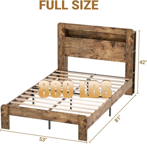 Zevemomo Full Size Bed Frame with LED Lights, Full Bed Frame with Headboard, Charging Station with 2 USB Ports & 2 AC Outlets, Sturdy Wood Framework, No Noise, Rustic Brown (Rectangular Slot) by Zevemomo - Image 2
