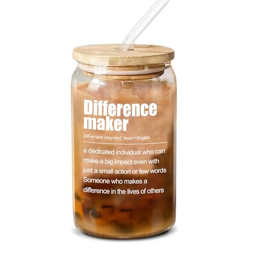 Difference Maker Definition Inspirational Gifts Retirement Gifts Coworker Boss Leader Teacher Glass Cup with Bamboo Lids Glass Straw Beer Can Glass Iced Coffee Glasses Drinking Jars Glass Can 16oz
