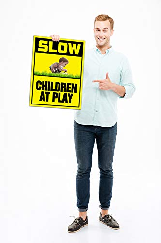 MuaToo Slow Children at Play Yellow Yard Sign, Warning Signs on Lawns, Sidewalks, Yards and Sriveways - with Metal Wire H-Stakes, Double-Sided Printing(Sign Size 9\" X 12\")
