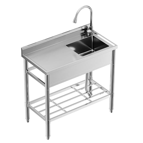 Freestanding Stainless Steel Sink, NSF Commercial Restaurant Kitchen Sink Set with Faucet and Cold & Hot Water Pipe, Single Bowl Sink for Kitchen, Bar