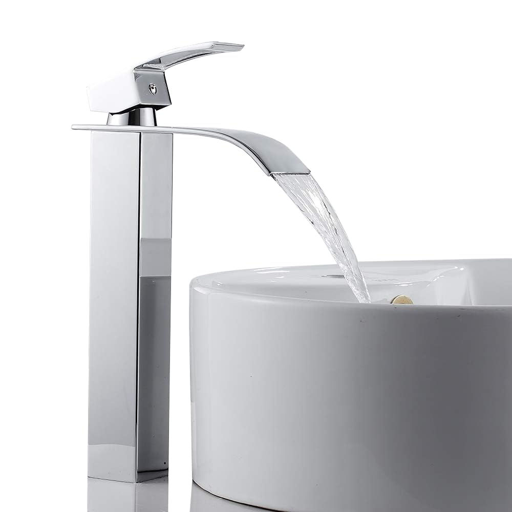 Atek Silver Waterfall Basin Tap, Tall Bathroom Sink Mixer Tap Hot & Cold