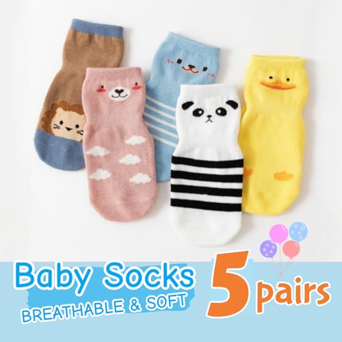 5 Pairs Toddler Baby Grip Socks with Non Slip Soles, Girls Boys Cute Animal Soft Cotton Socks, 0~5T2