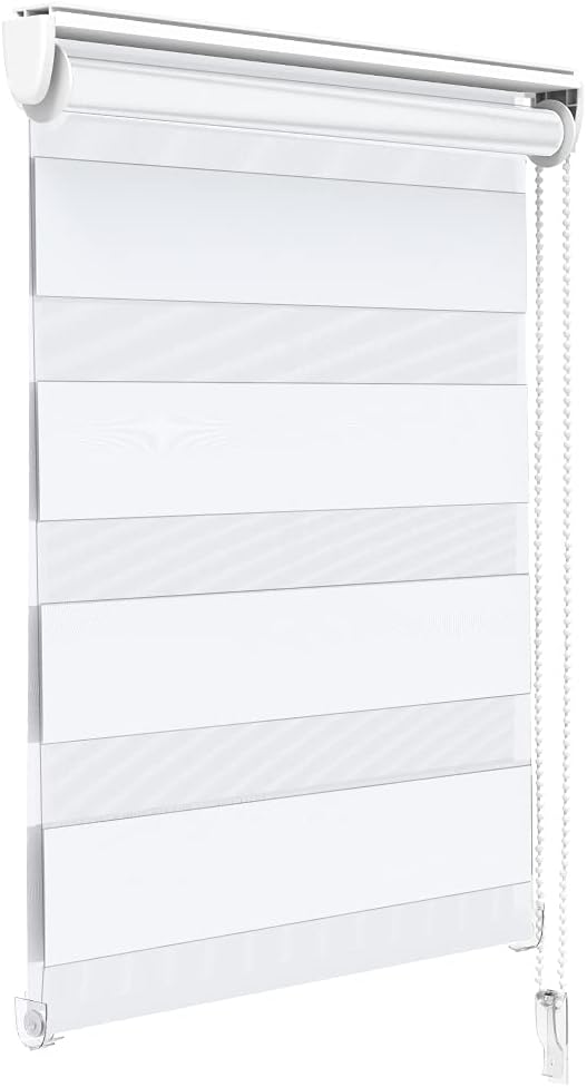 VOUNOT® Day and Night Blinds No Drill, Zebra Roller Blinds for Windows, Double Layer Translucent and Blackout Fabric, Easy Installation Window Shades, White, 55 x 150 cm